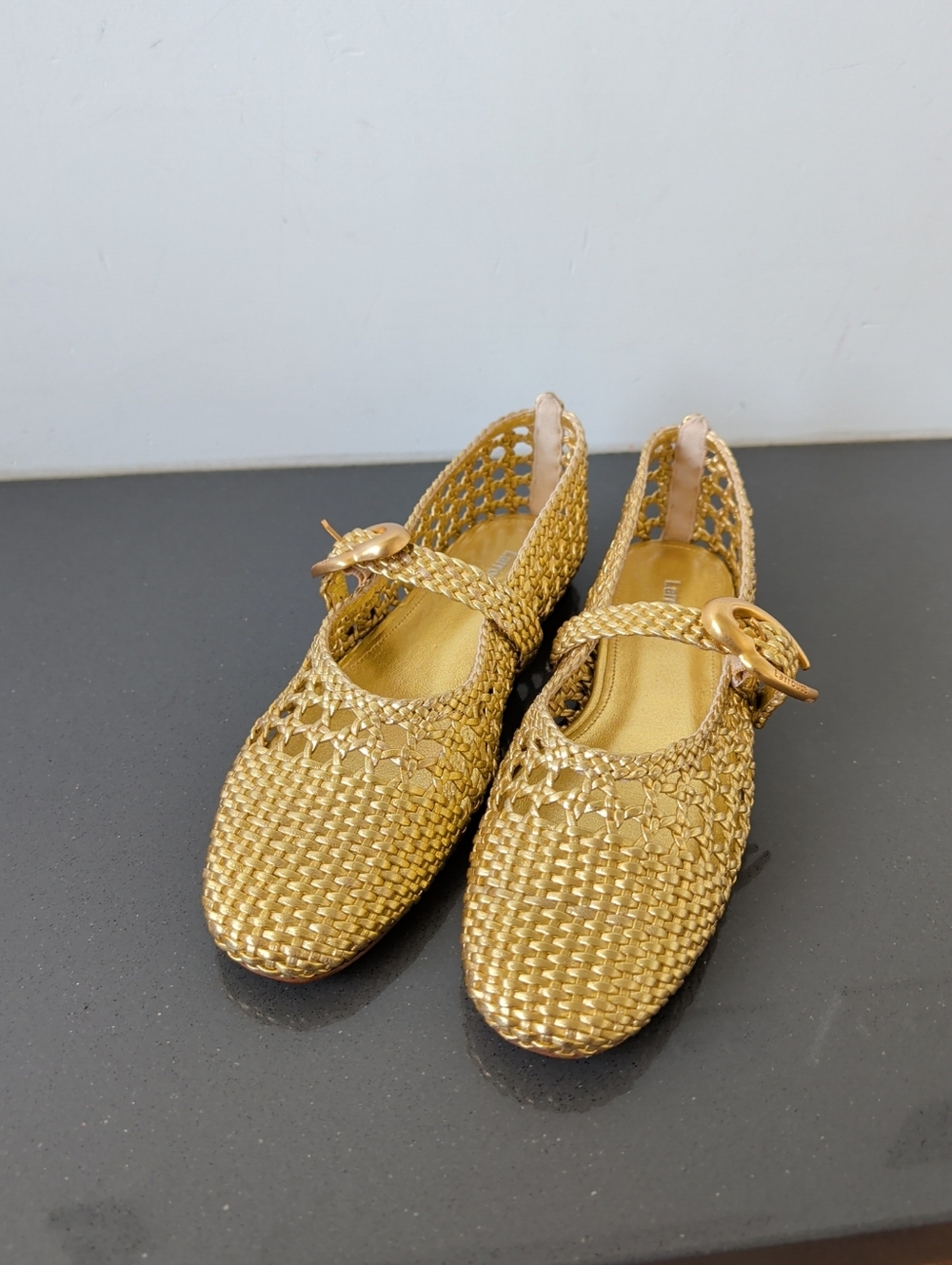 LARROUDE Gold Braided Leather Flats Shoes Mary Jane Size 8